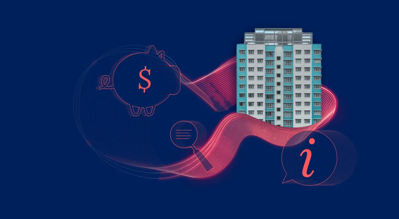 Grafika ilustruje budynek mieszkalny, skarbonkę z symbolem dolara, lupę i dymek z literą 