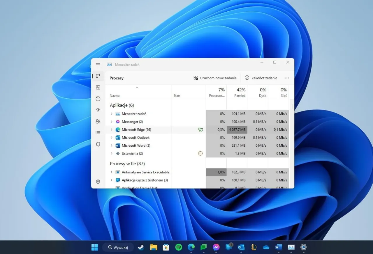 Menedżer Zadań Windows obciążenie CPU dysk RAM