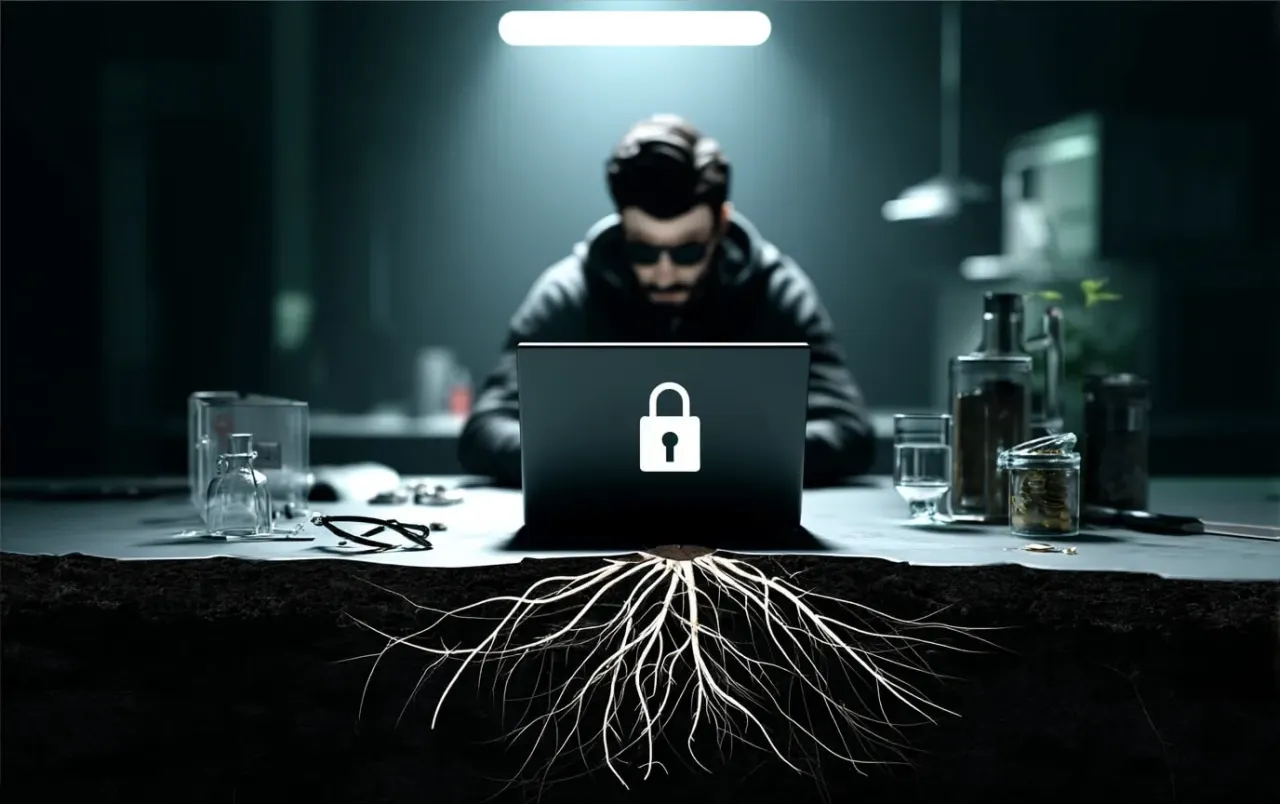 Haker przy laptopie z ikoną kł&oacute;dki, pod stołem korzenie. Czy to rootkit?