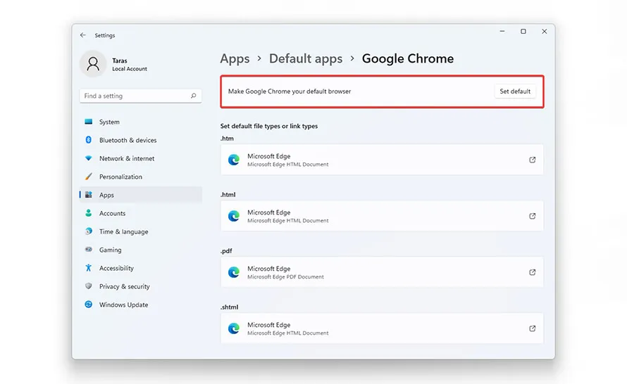 Ustawienia domyślnej przeglądarki Chrome Windows 11