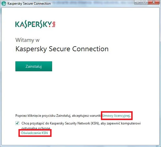 Kaspersky VPN interfejs gł&oacute;wny