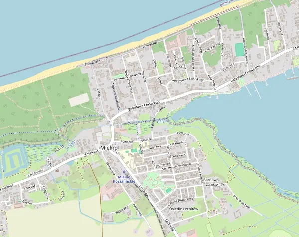 Mapa Mielna z zaznaczonym centrum i Unieściem