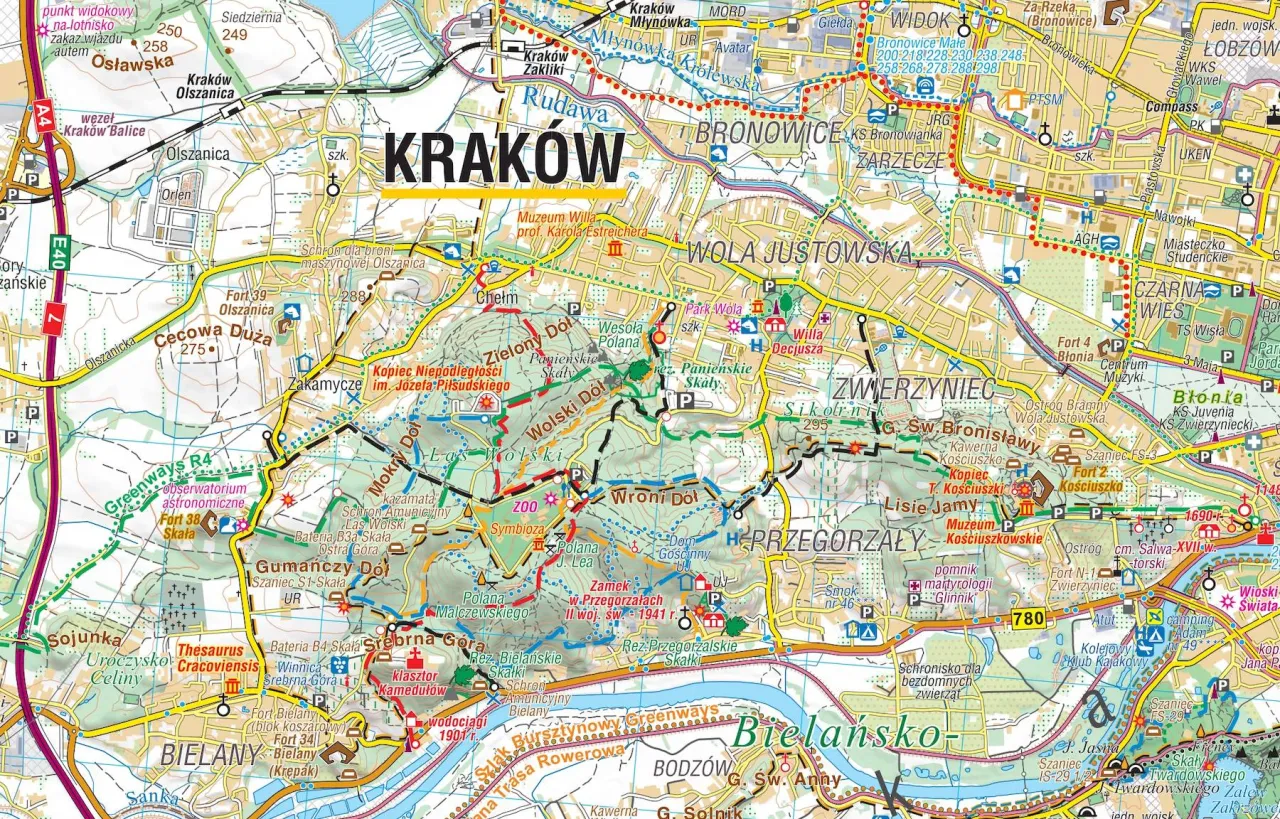 Mapa gór w okolicy Krakowa z zaznaczonymi pasmami