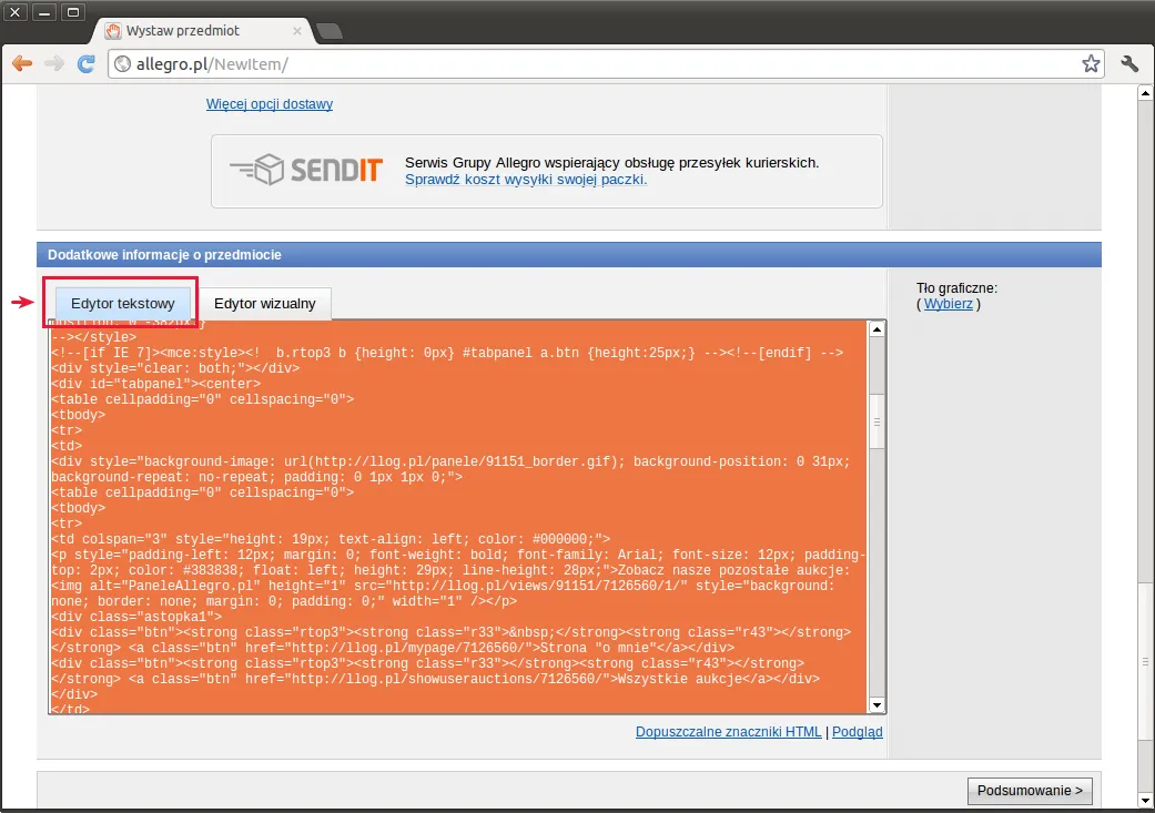 allegro edytor html gdzie wkleić kod
