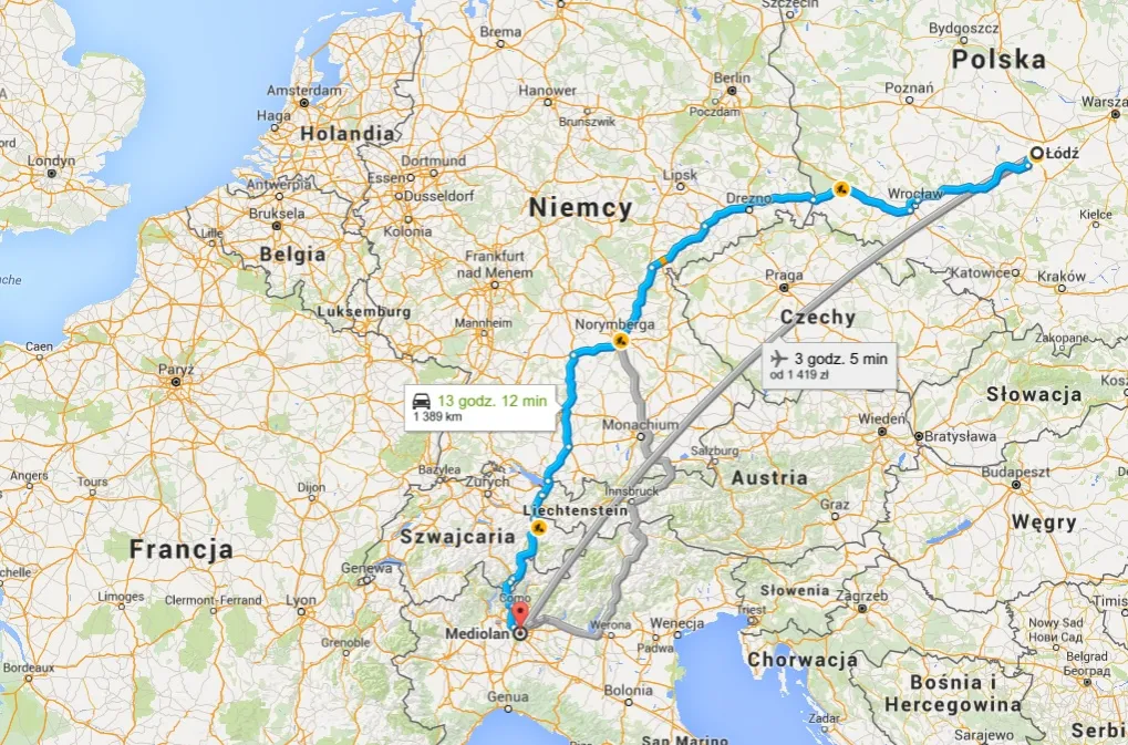 Mapa trasy Polska Czechy Austria Włochy samochodem
