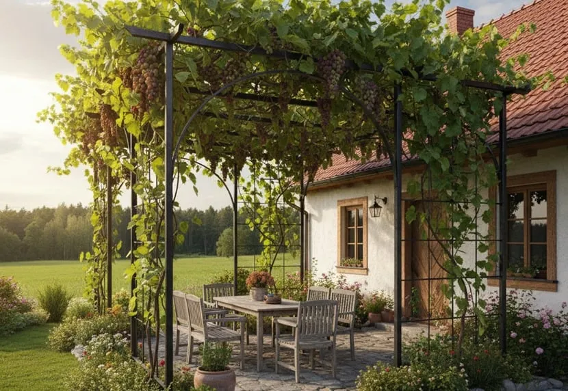 r&oacute;żne style pergoli pod winogrona