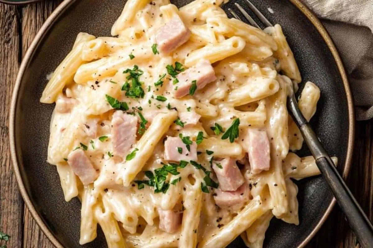 Zutaten f&uuml;r Schinkennudeln auf einem Holztisch angeordnet