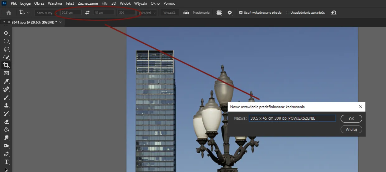 Interfejs narzędzia Kadrowanie w Photoshopie