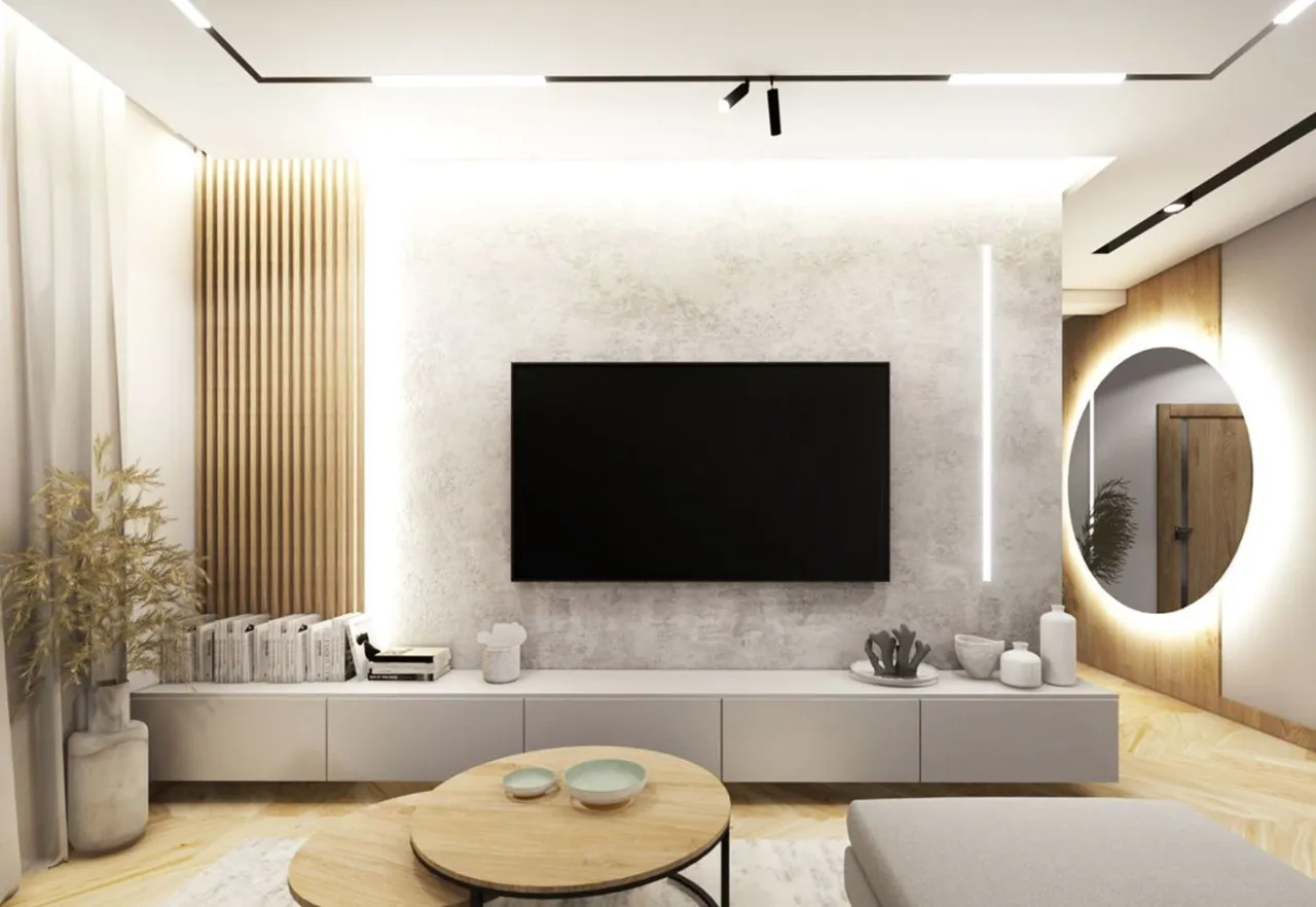 nowoczesna ściana telewizyjna lamele beton galeria