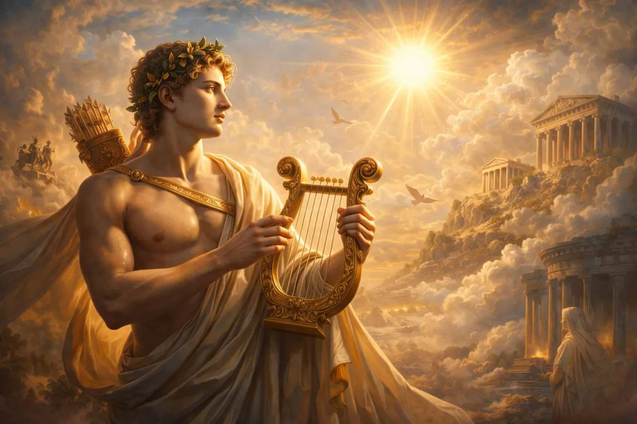 Apollo, b&oacute;g słońca i muzyki, w wieńcu laurowym gra na lirze. W tle greckie świątynie i rydwan. Mit o Apollo ożywa.