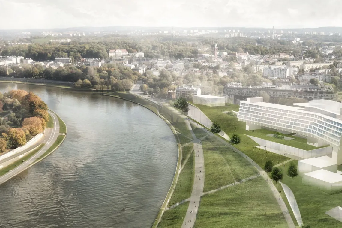 Hotel Forum Krak&oacute;w i rzeka Wisła z lotu ptaka