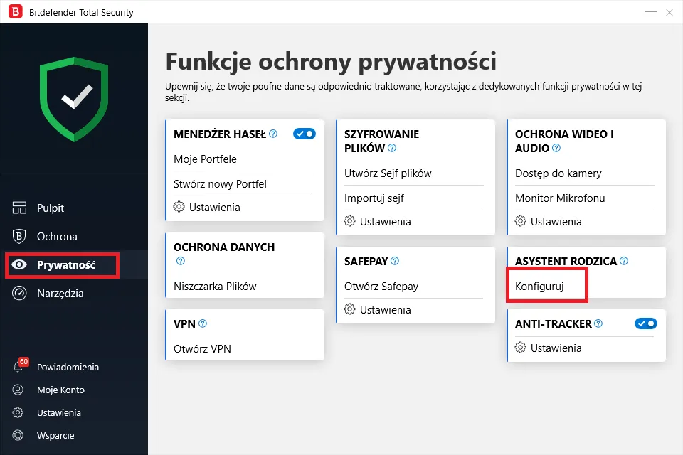 ikony funkcji antywirusa VPN menedżer haseł kontrola rodzicielska