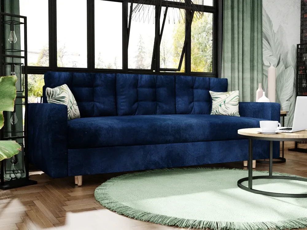 granatowa kanapa butelkowa zieleń ściana inspiracje