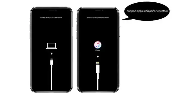 iPhone z ikonami problemów systemowych i opcjami resetu