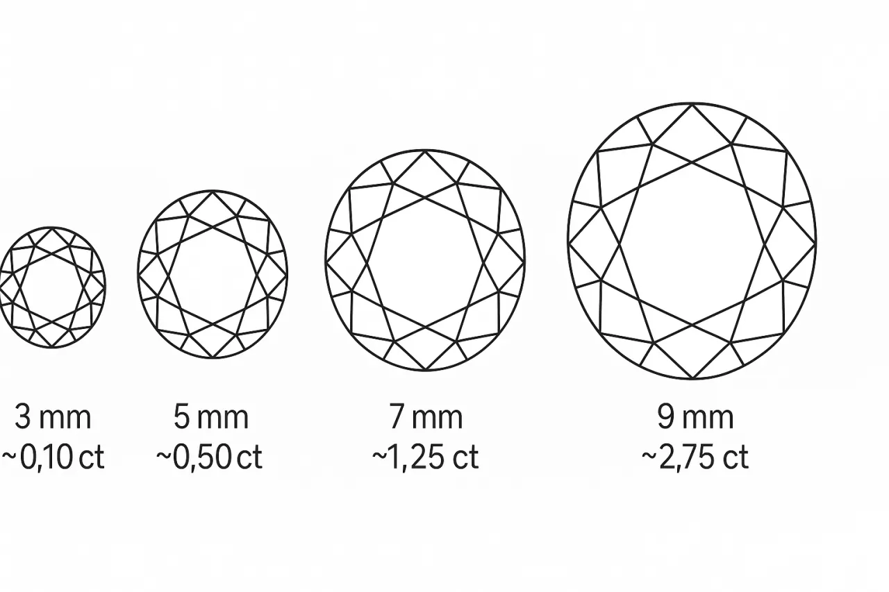 tabela rozmiarów diamentów karat mm