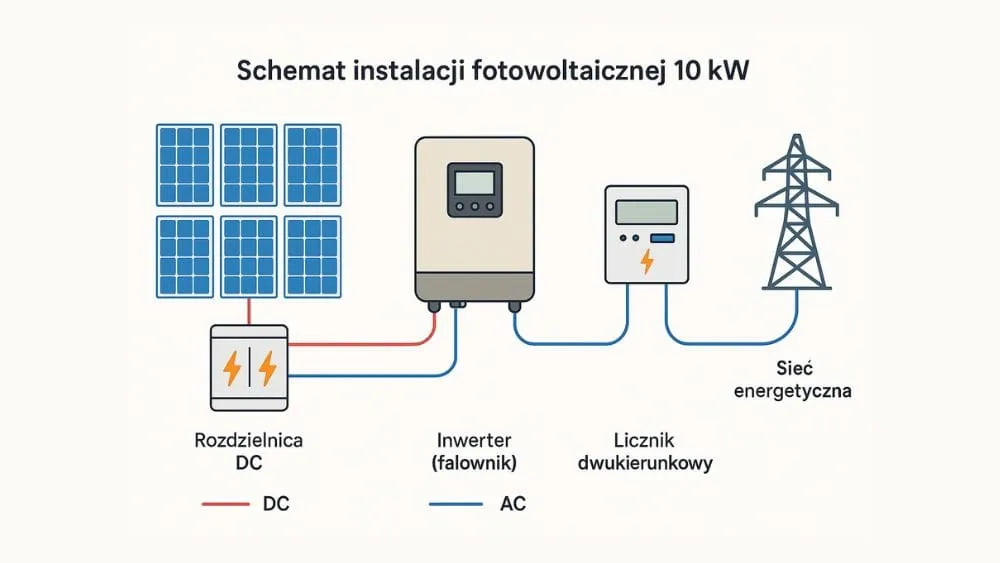 Schemat budowy instalacji fotowoltaicznej z opisem komponentów