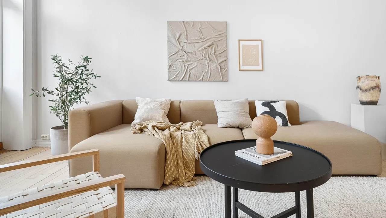 aranżacje salonu z beżową kanapą i dywanem w r&oacute;żnych stylach