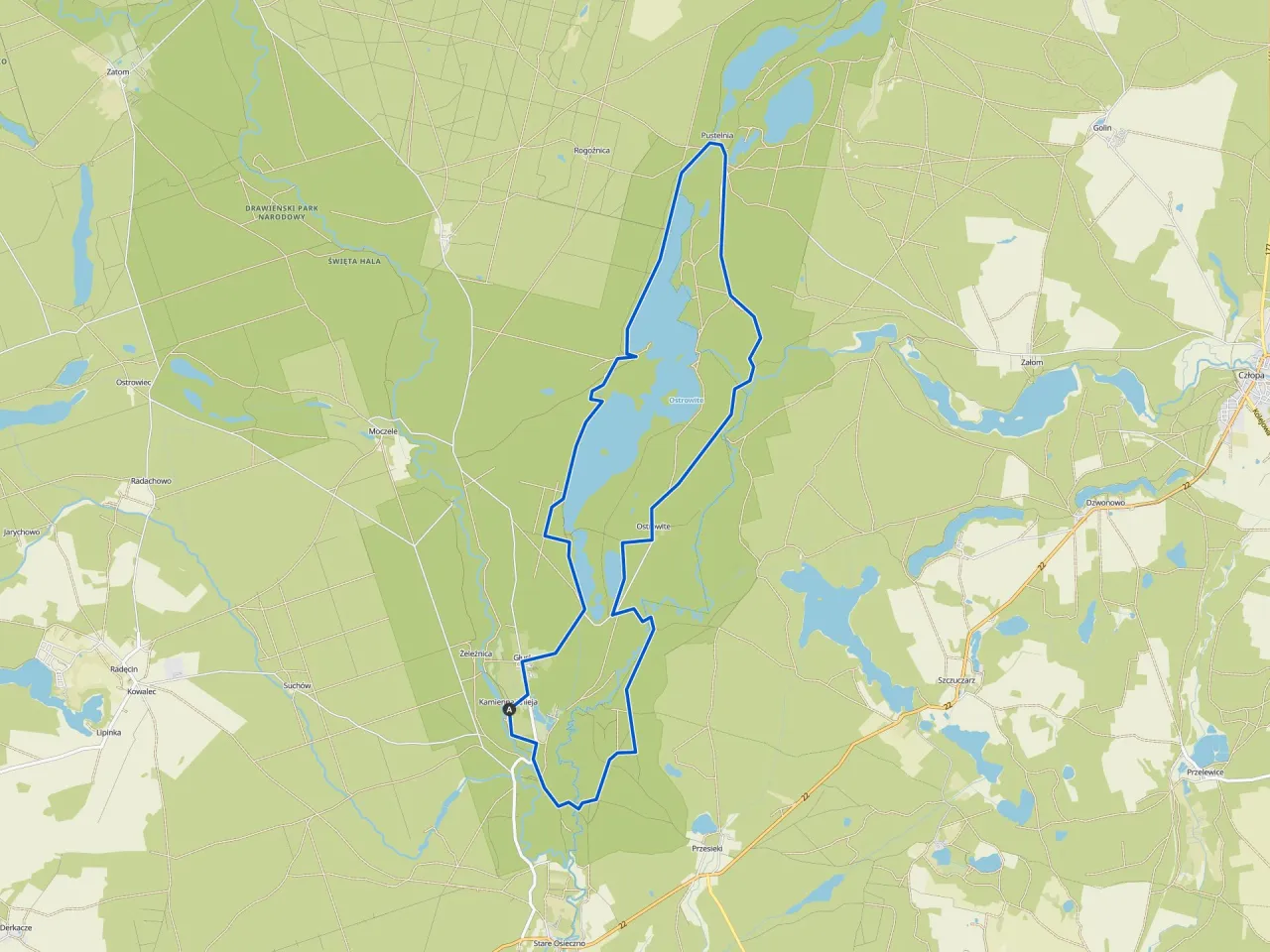 Mapa z zaznaczoną trasą rowerową wok&oacute;ł jezior, idealna na jedne z najpiękniejszych tras rowerowych lubuskie.
