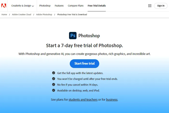 Adobe Photoshop trial download page