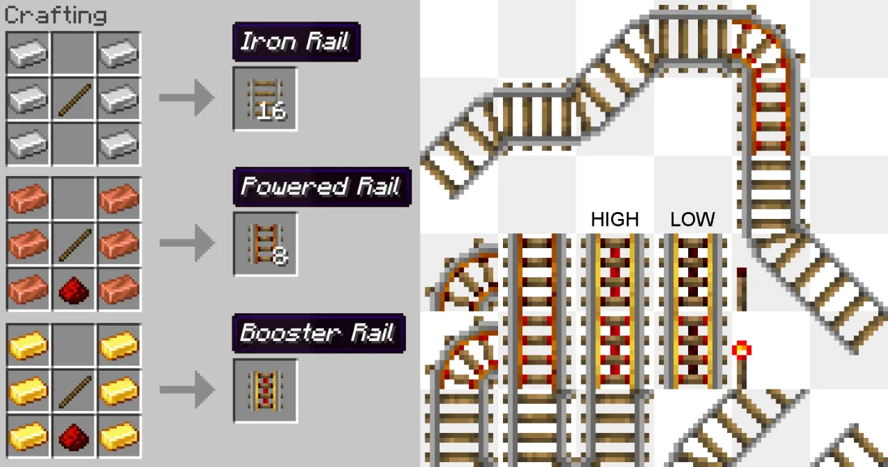 Minecraft crafting table with various rails