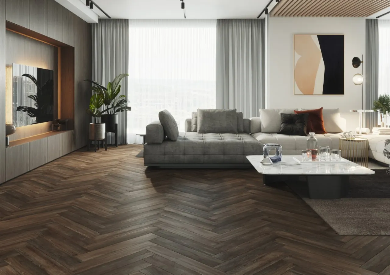 Inspiracje szare płytki drewnopodobne w salonie kuchni łazience