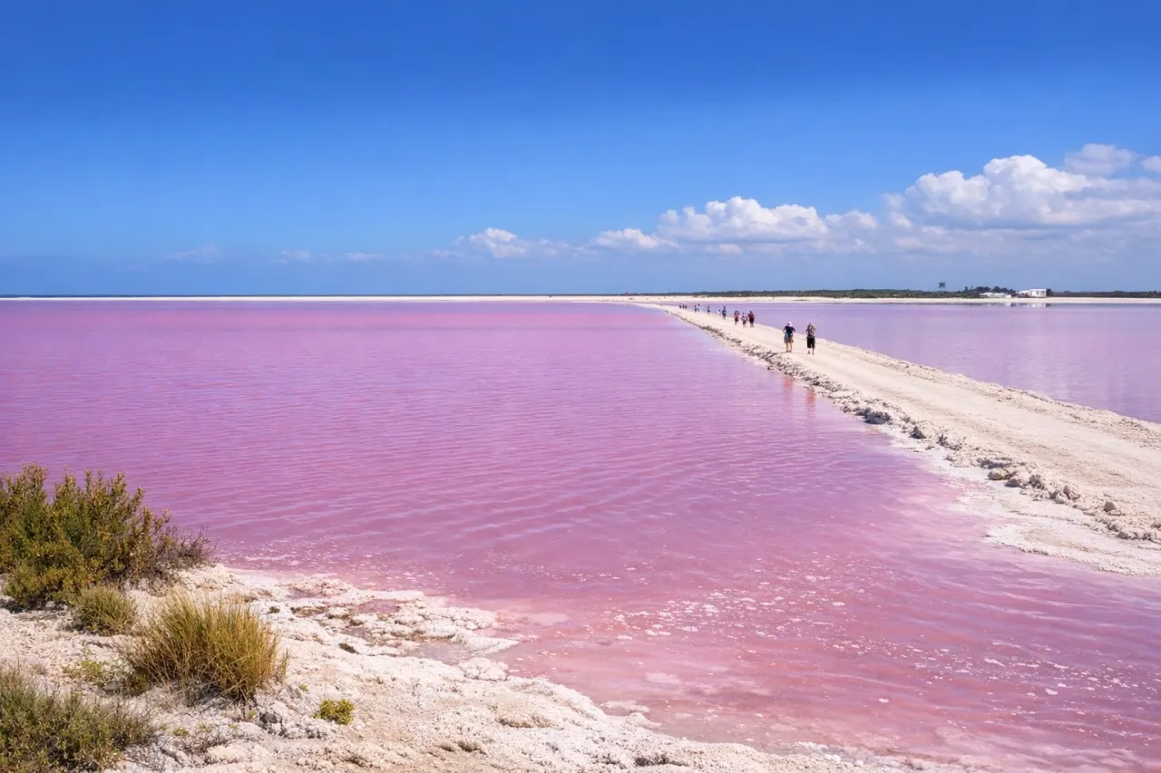 Niesamowita różowa plaża w Meksyku, gdzie wąska ścieżka prowadzi przez jaskrawo różową wodę pod błękitnym niebem.