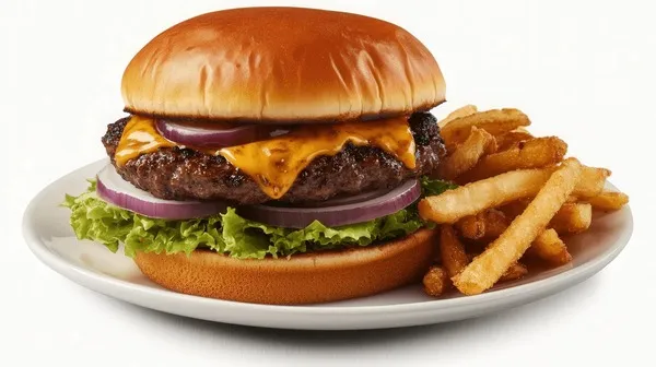 burger maison juteux et frites dans une assiette, style gourmand