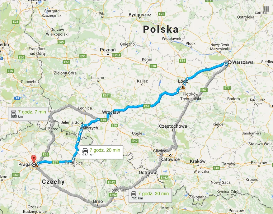 Mapa tras samochodowych Polska Praga
