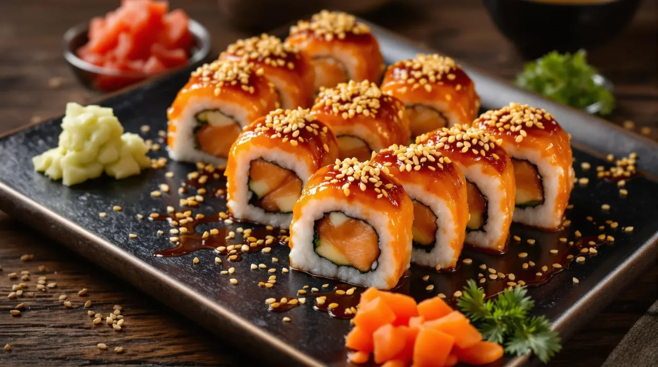 Roladki sushi z łososiem, og&oacute;rkiem i sezamem, polane sosem. Idealne, gdy zastanawiasz się, jak upiec łososia do sushi.