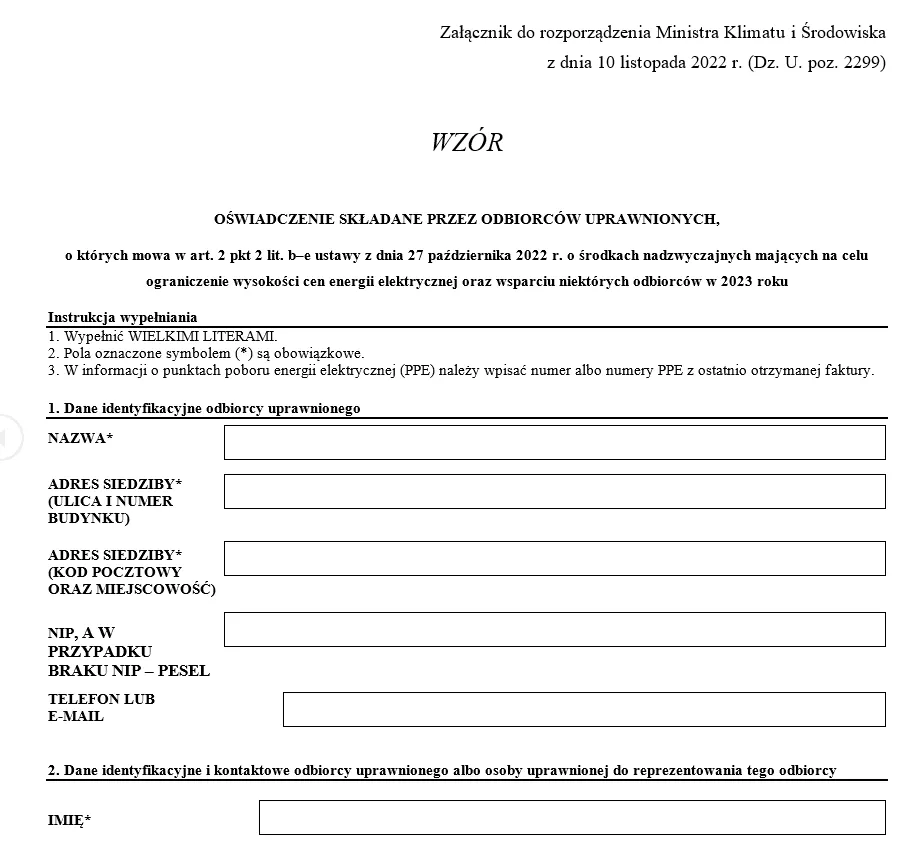 wzór oświadczenia o zamrożeniu cen prądu 2026