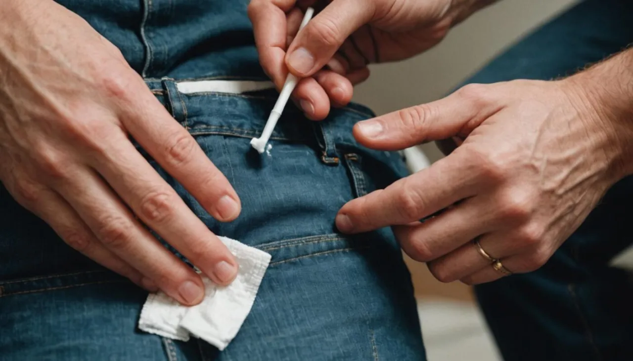 Dłonie usuwają białą plamę kleju z dżinsów za pomocą patyczka i chusteczki. Dowiedz się, jak usunąć klej ze spodni.