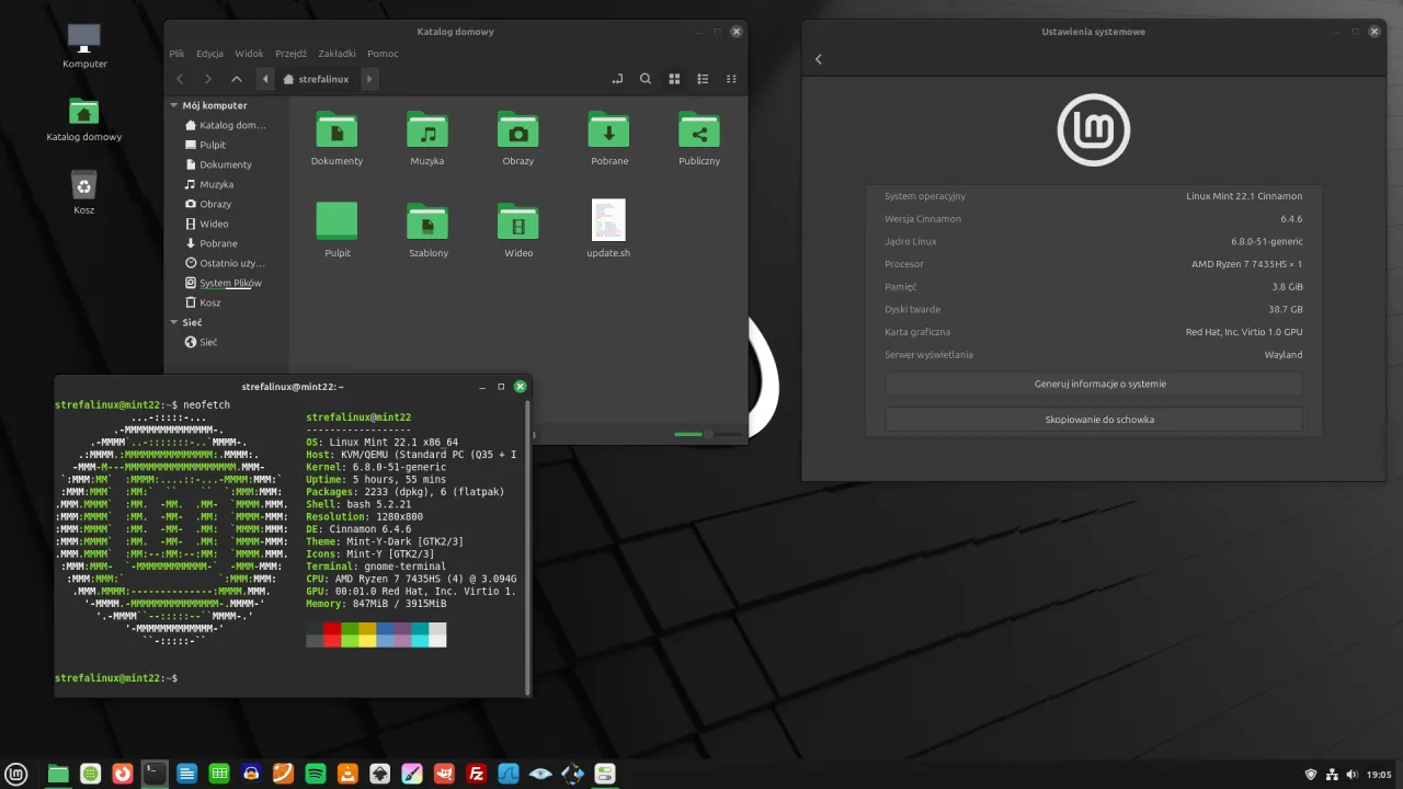 Ekran z systemem Linux Mint 22.1 Cinnamon, widok katalogu domowego i okno ustawień systemowych.