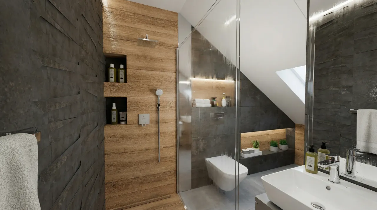 Szara łazienka szafki drewniane aranżacje