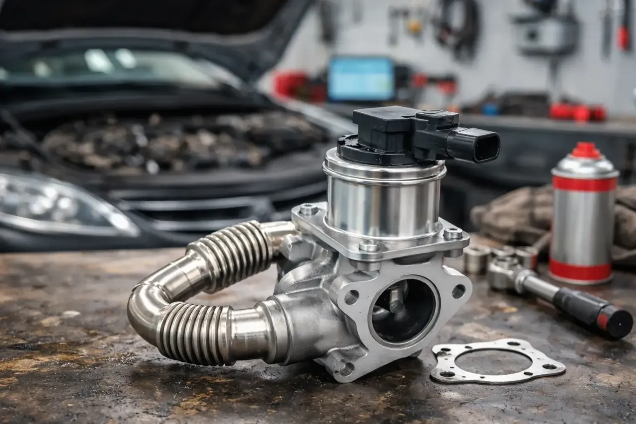 Element układu EGR gotowy do czyszczenia. W tle widać otwartą maskę samochodu i narzędzia.