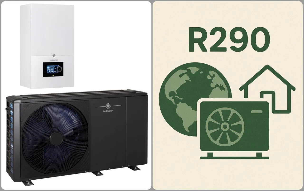 Pompy ciepła R290: czy pompy ciepła będą zakazane? Grafika przedstawia jednostkę zewnętrzną i wewnętrzną pompy ciepła oraz ikonę domu i Ziemi.