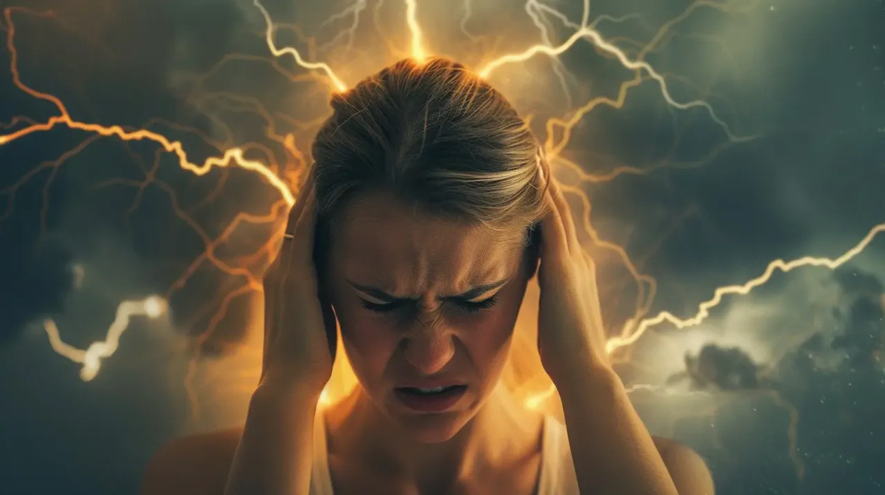 Kobieta z bólem głowy, otoczona błyskawicami. Zastanawia się, jak długo działa relanium, by złagodzić ten koszmar.
