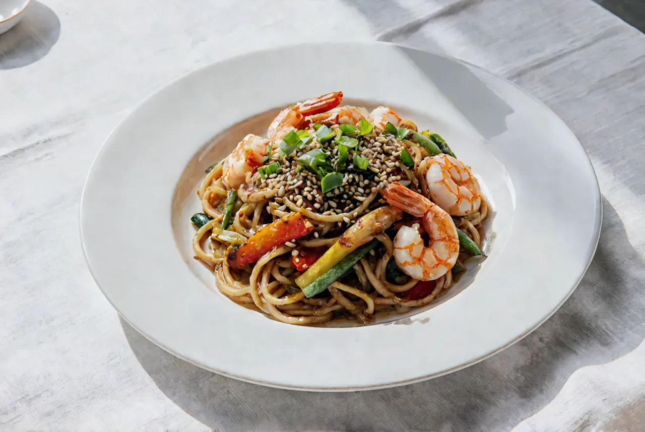 Udon z krewetkami i warzywami, posypany sezamem i szczypiorkiem, na białym talerzu.