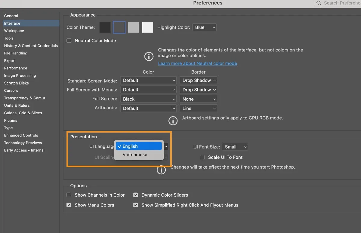 Photoshop preferences interface language UI