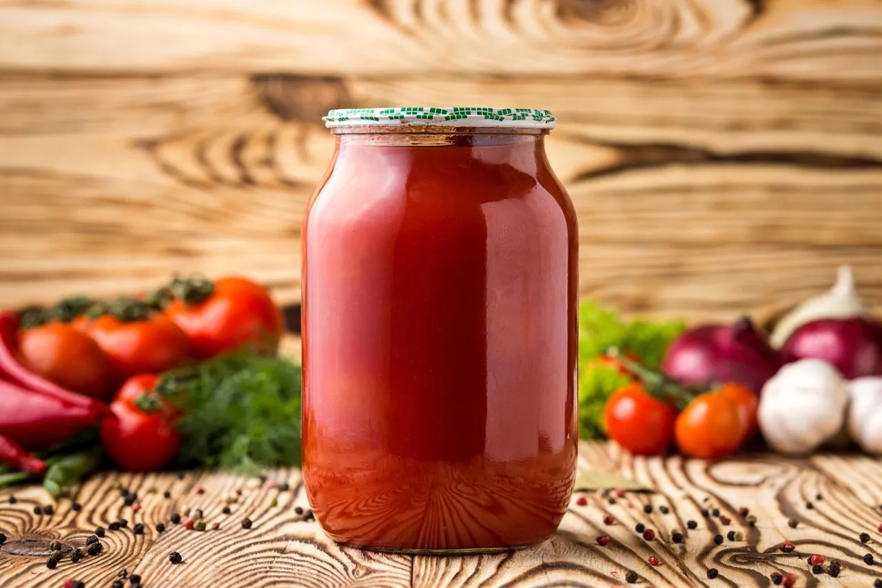 Słoik z domowym sosem pomidorowym, idealnym do spaghetti. Obok świeże pomidory, cebula, czosnek i przyprawy.