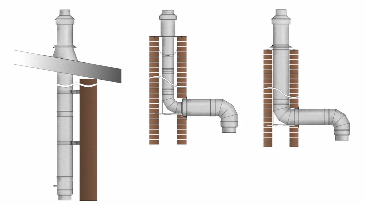 przekrój komina z zaznaczonymi częściami i rodzajami zapraw