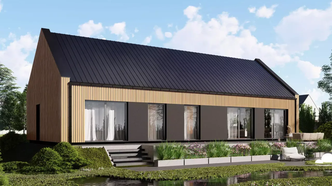 Nowoczesny dom z drewnianą elewacją i dużymi oknami. Idealne miejsce na spokojne życie, wspierane przez dofinansowanie do kredytu hipotecznego.