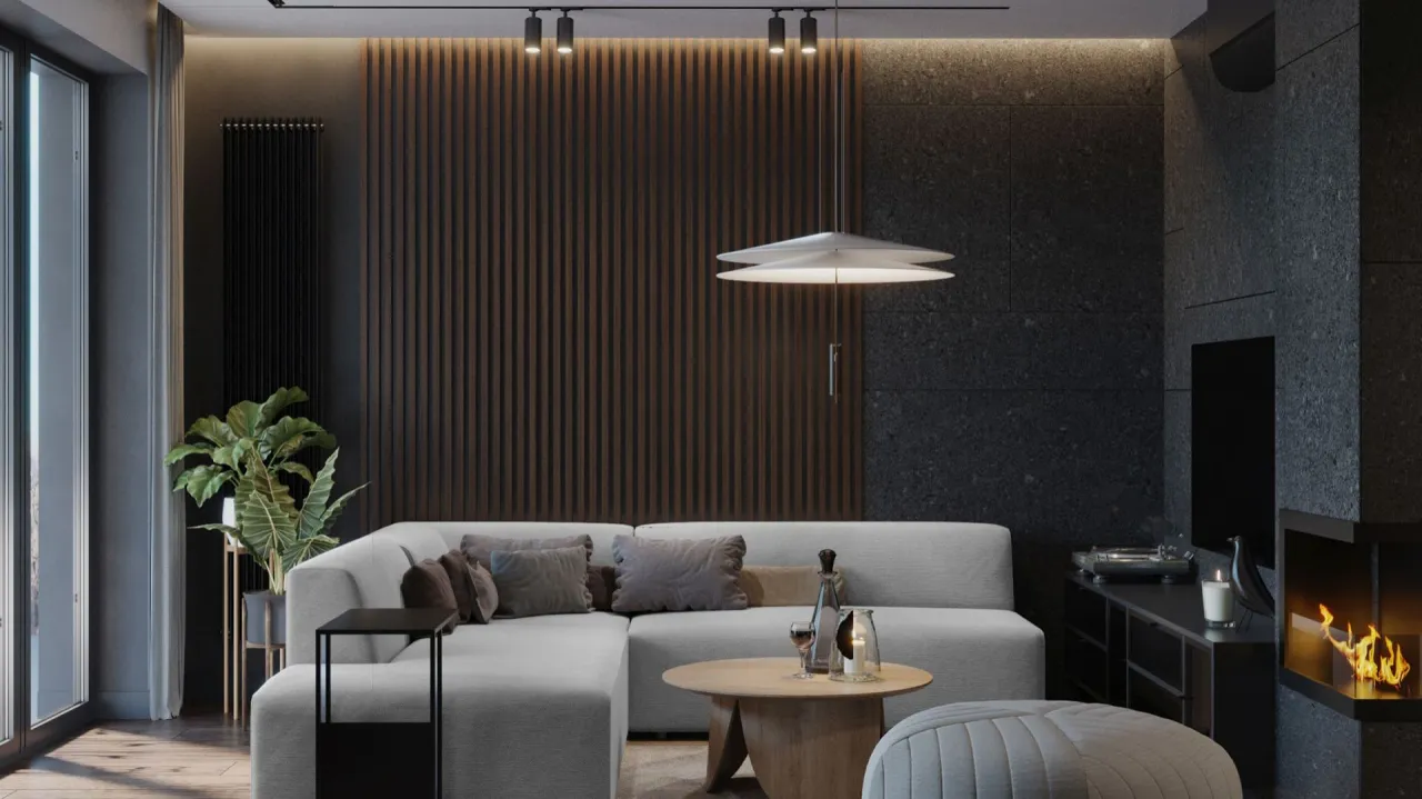 Szara kanapa i brązowe meble w salonie