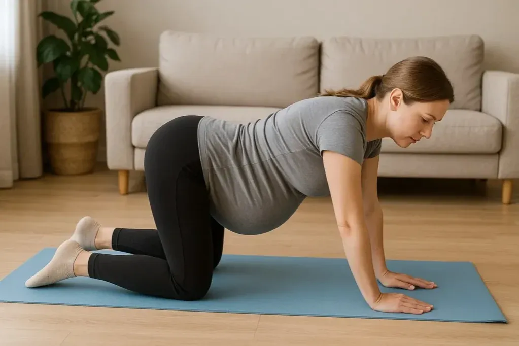Kobieta w ciąży w pozycji klęku podpartego na piłce porodowej