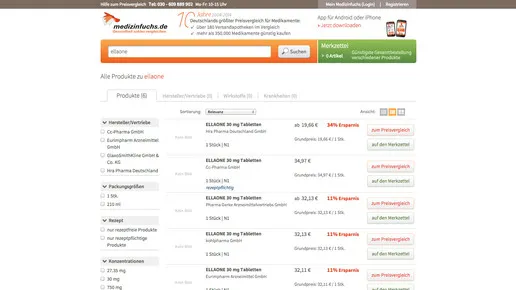 Screenshot Medikamenten Preisvergleichsportal Filter