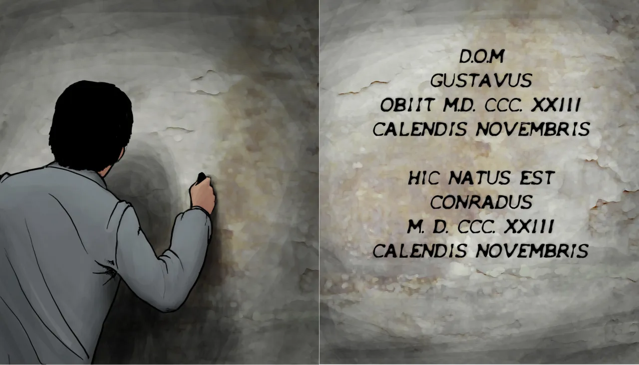 Mężczyzna pisze na ścianie, symbolizując przemianę Gustawa w Konrada. Widnieją napisy: 