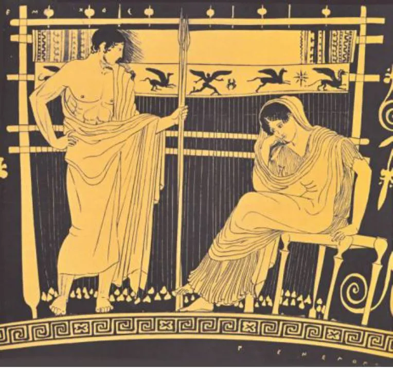 Antike griechische Darstellung von Penelope am Webstuhl oder Nausikaa mit ihren Dienerinnen