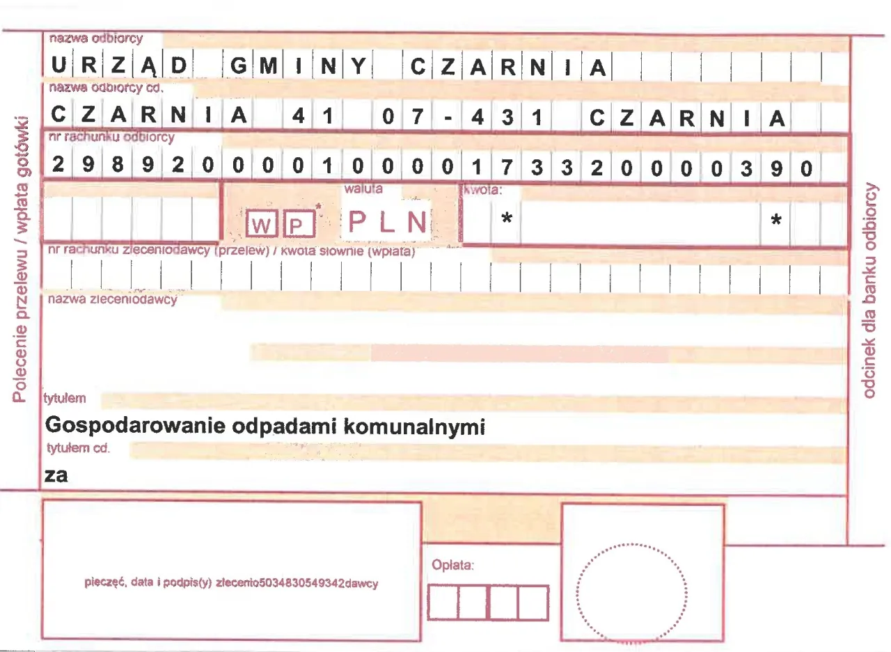Przelew do Urzędu Gminy Czarnia na gospodarkę odpadami komunalnymi. Sprawdź, ile za śmieci w gminie.