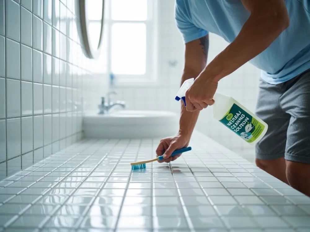 Osoba czyszcząca fugi w łazience przy użyciu gąbki