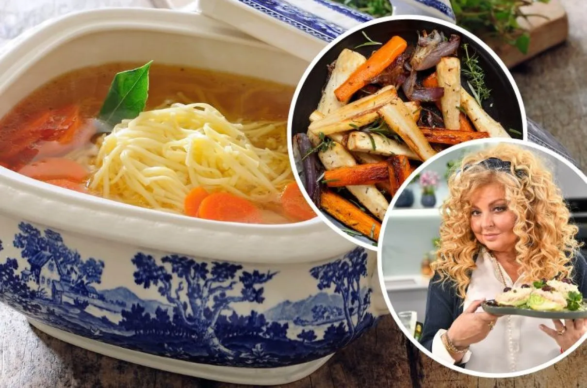 Jak zrobić ros&oacute;ł wegetariański: aromatyczny bulion z makaronem i pieczonymi warzywami, inspirowany przepisem Magdy Gessler.