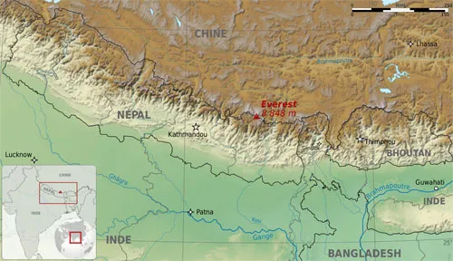 Mount Everest mapa, Mount Everest widok z Nepalu i Tybetu